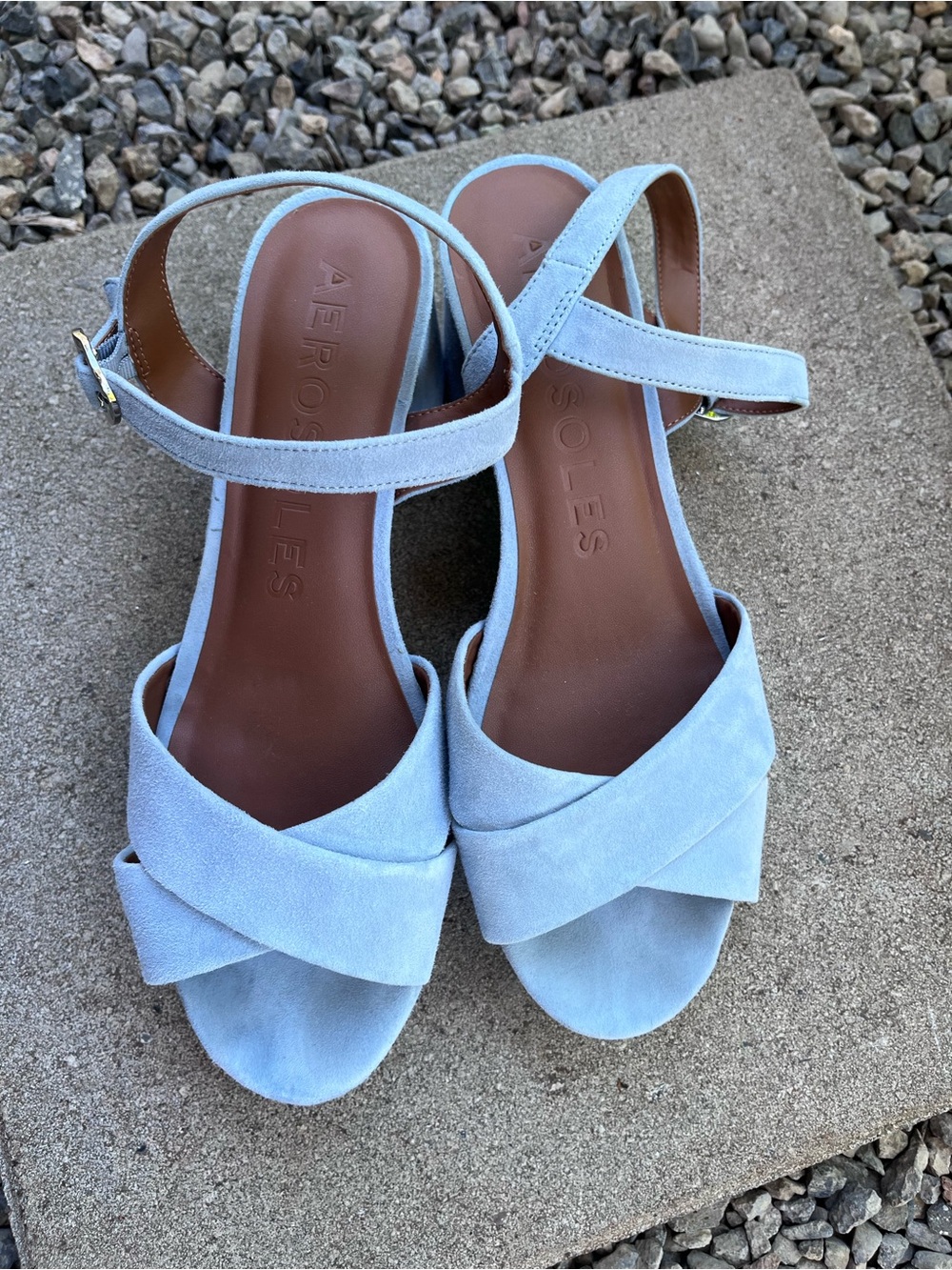 Women's Light Blue Suede Cross-Strap Sandals Aerosoles
